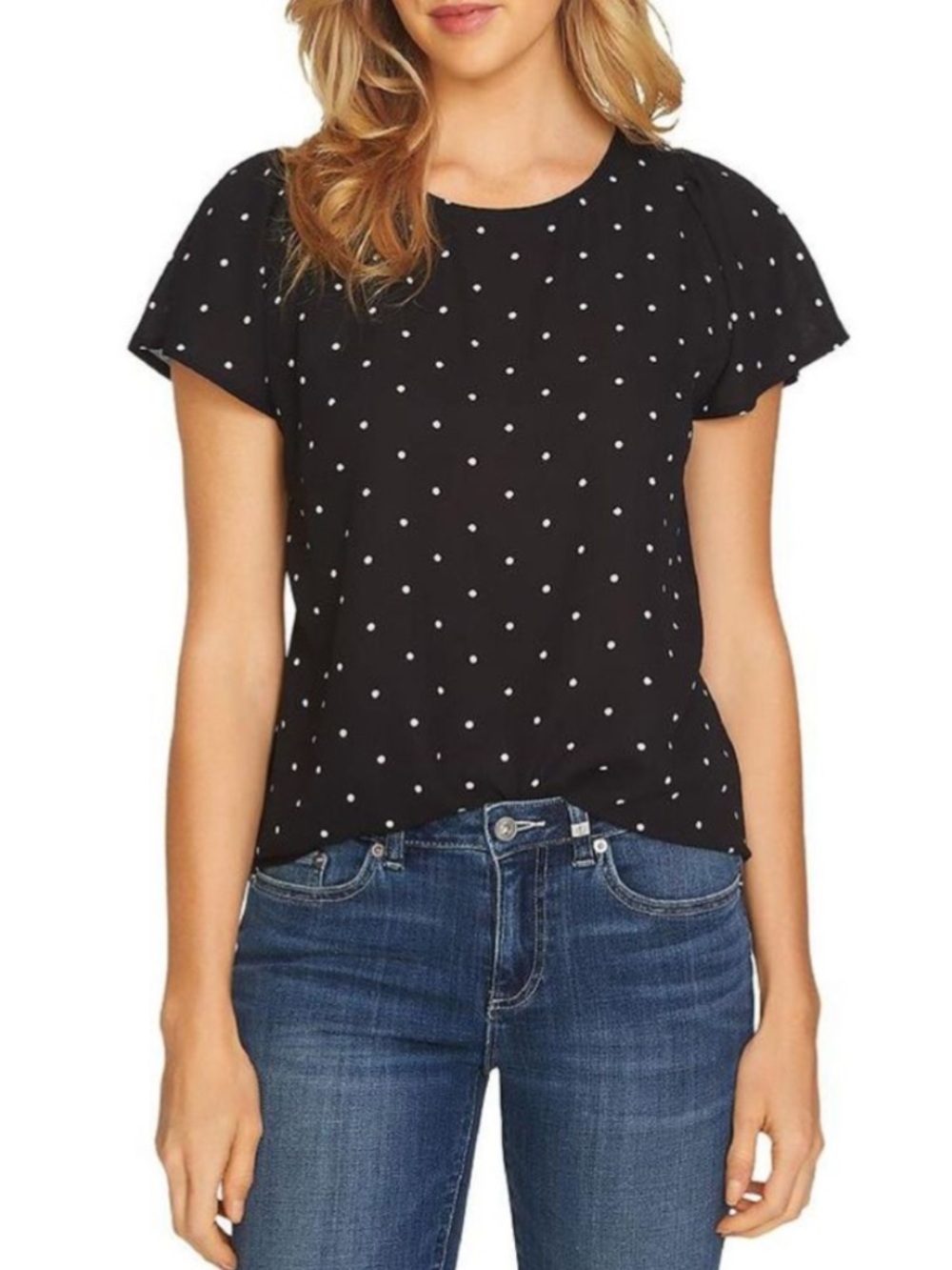 🔴 4/$15 CeCe Women’s S/M B&W Classic Polka Dot Print Short Sleeve Blouse in EUC